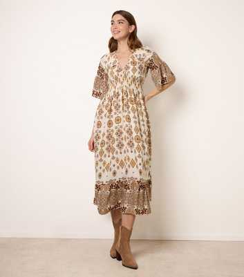 Blue Vanilla Brown Border Print Midi Dress