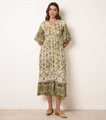 Blue Vanilla Bright Green Border Print Midi Dress