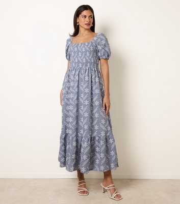 Blue Vanilla Blue Floral Embroidered Puff Sleeve Midi Dress