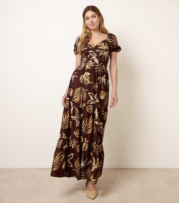 Blue Vanilla Dark Brown Knot Front Shell Print Dress