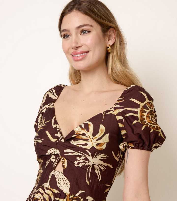 Blue Vanilla Dark Brown Knot Front Shell Print Dress | New Look