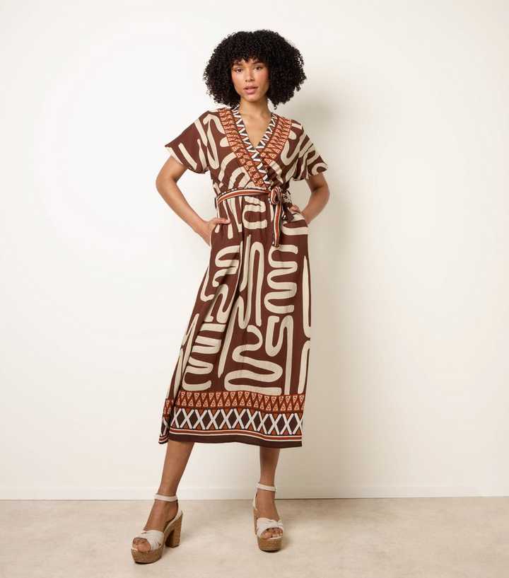 Blue Vanilla Brown Abstract Print Belted Midi Dress