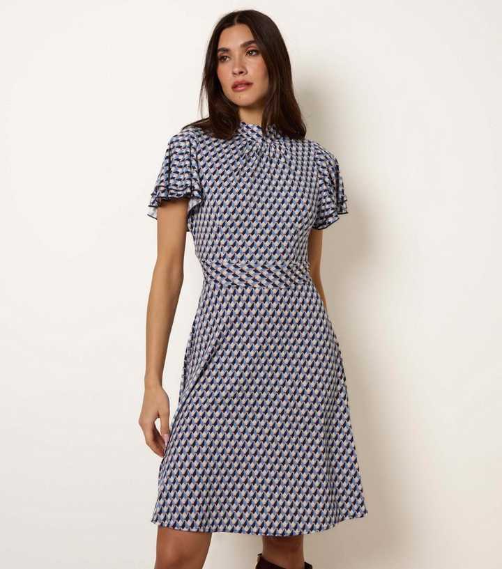 Blue Vanilla Navy High Neck Angel Sleeve Mini Dress