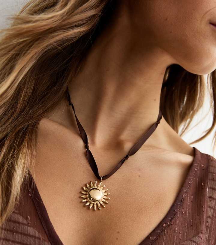 Brown Sun Pendant Satin Rope Necklace
