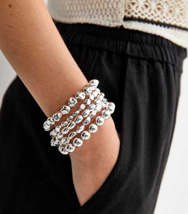 Pack of 5 Silver Tone Beaded Stretch Bracelets