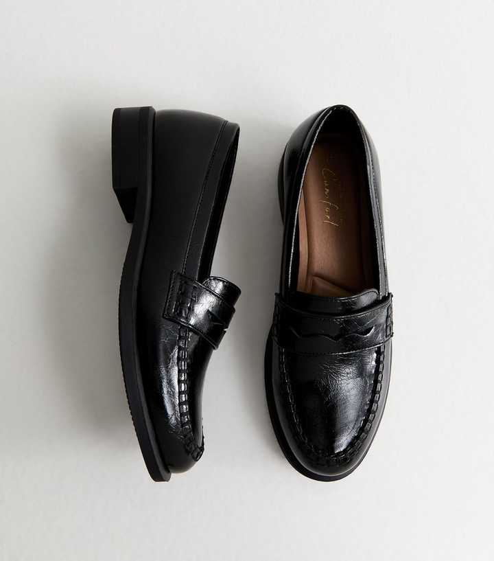 Black Faux Leather Flat Saddle Penny Loafers