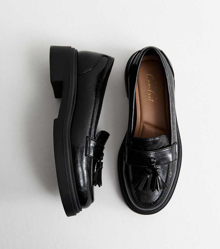Black Faux Leather Chunky Sole Tassel Loafers
