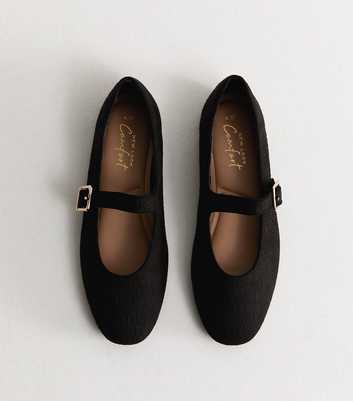 Black Textured Faux Suede Buckled Mary Jane Flats