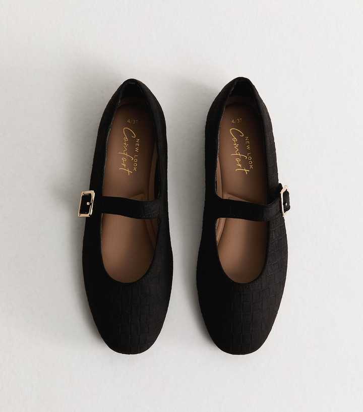 Black Textured Faux Suede Buckled Mary Jane Flats