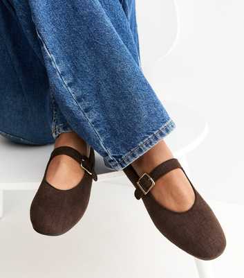 Brown Textured Faux Suede Buckled Mary Jane Flats