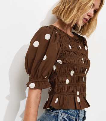 Brown Crepe Spot Print Shirred Top