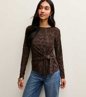 Dark Brown Jersey Floral Burnout Knot Long Sleeve Top