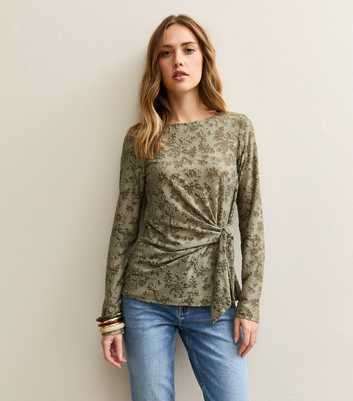 Khaki Jersey Floral Burnout Knot Long Sleeve Top