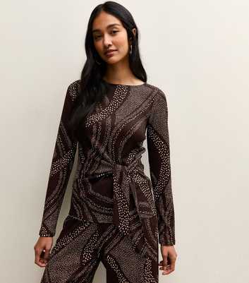 Brown Swirly Tie Front Long Sleeve Top