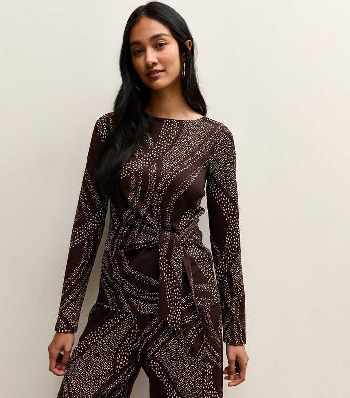 Brown Swirly Tie Front Long Sleeve Top