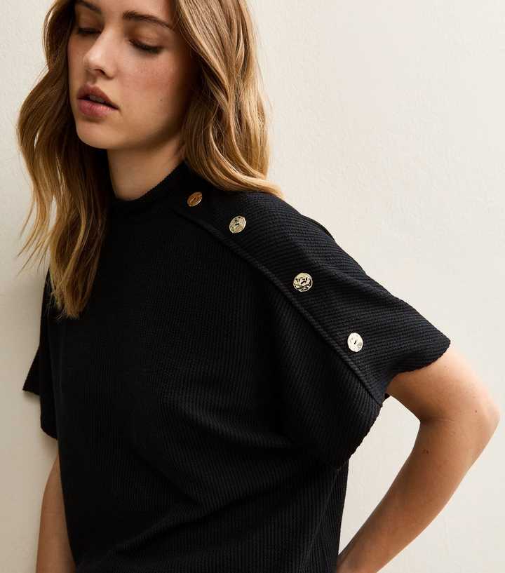 Black Faux Button Batwing Textured Short Sleeve Top