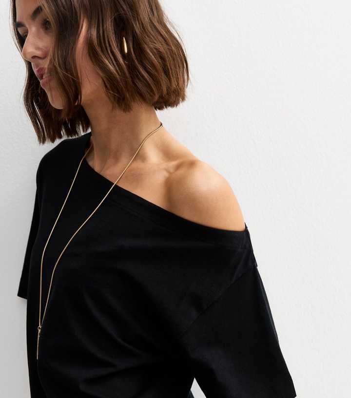 Black Cotton Off The Shoulder T-Shirt