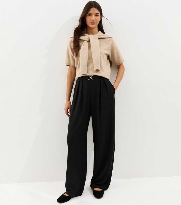 Black Belt Detail Pleated Crinkle Texture Wide Leg Trousers