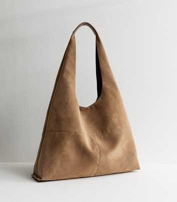 Camel Oversized Faux Suede Panel Tote Bag