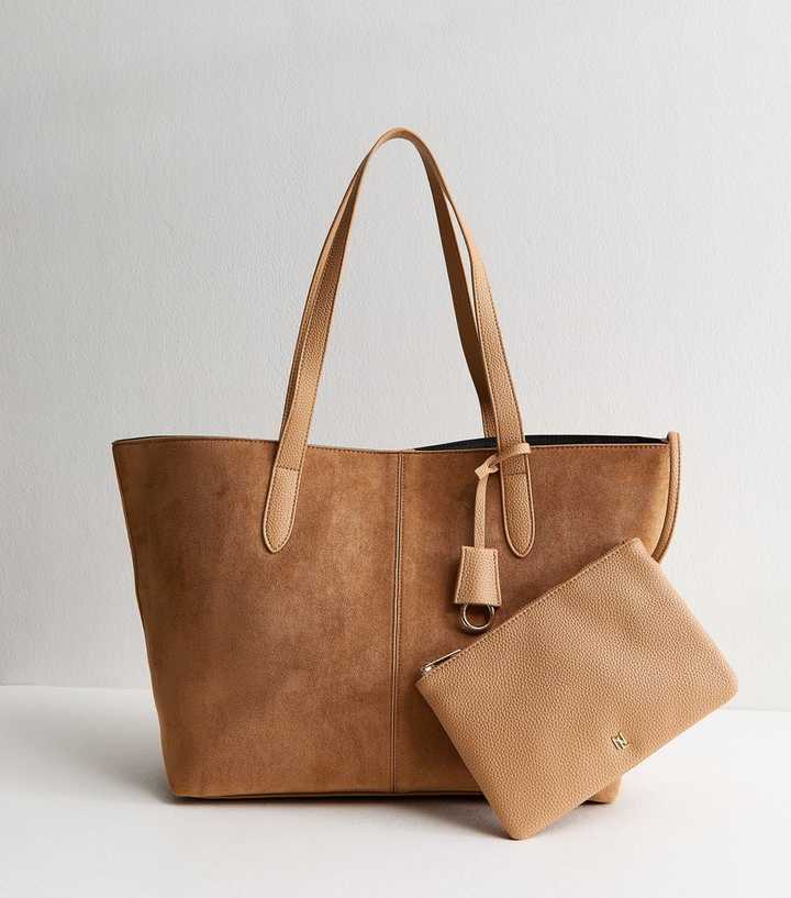 Camel Faux Suede Winged Shopper Tote Bag