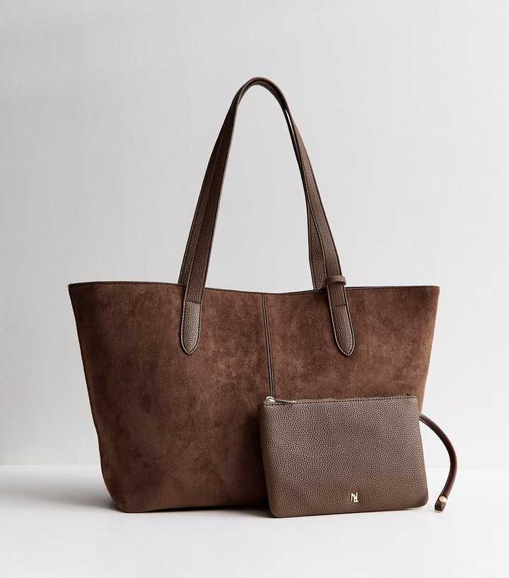 Dark Brown Faux Suede Winged Shopper Tote Bag