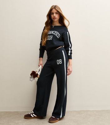 Girls Navy Knit Side Stripe Wide Leg Joggers