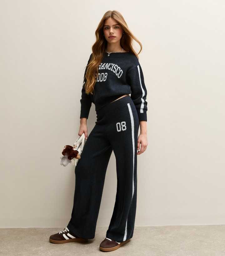 Girls Navy Knit Side Stripe Wide Leg Joggers