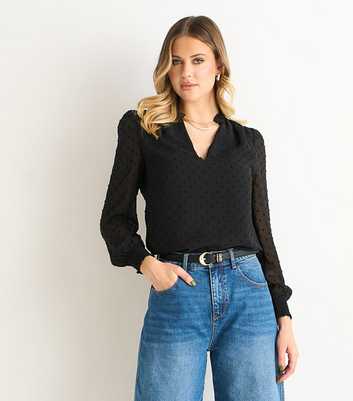 Gini London Black Dobby Chiffon Frill Neck Blouse