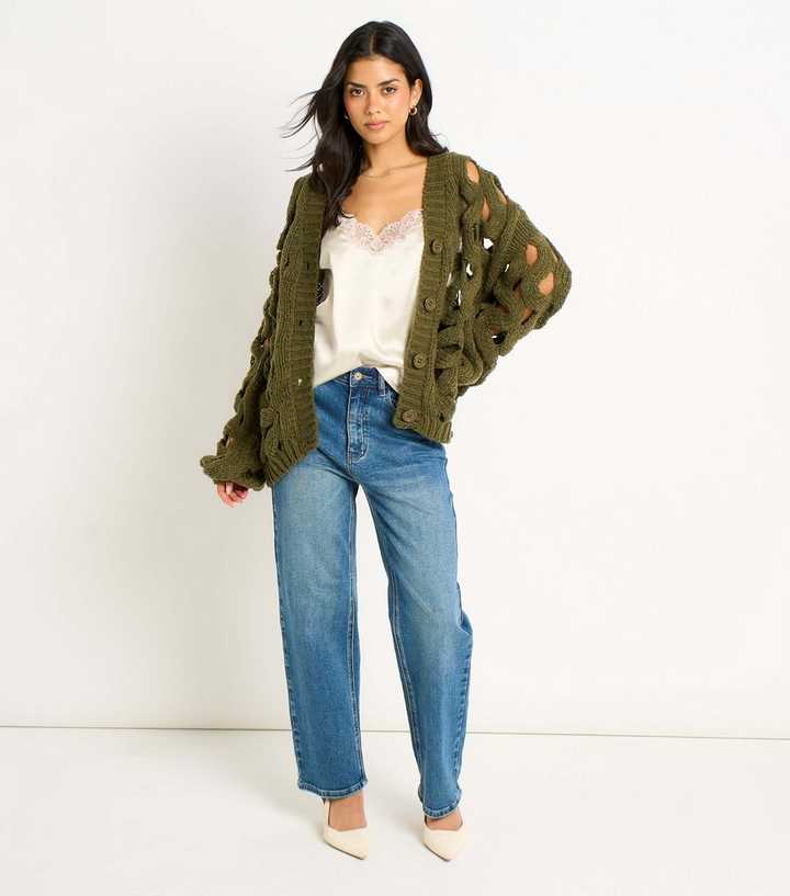 Gini London Light Khaki Hollow Chunky Knit Cardigan