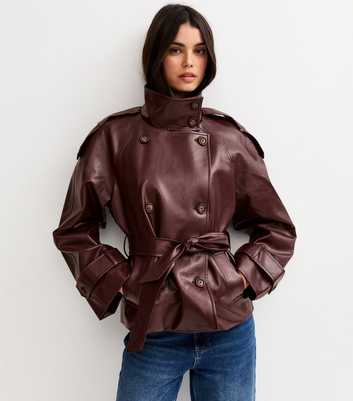 Dark Burgundy Faux Leather Belted Funnel Neck Jacket