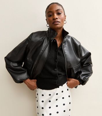 Black Faux Leather Funnel Neck Bomber Jacket | New Look