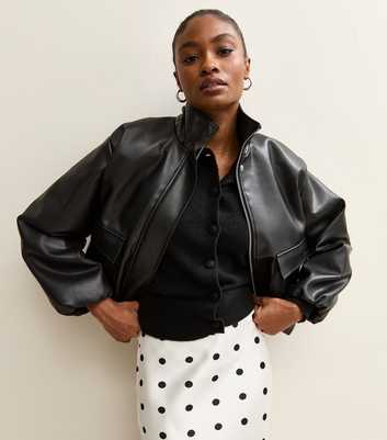 Black Faux Leather Funnel Neck Bomber Jacket