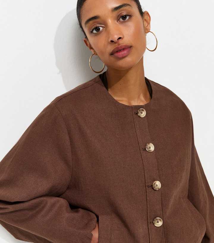Dark Brown Linen Blend Button Through Bomber Jacket