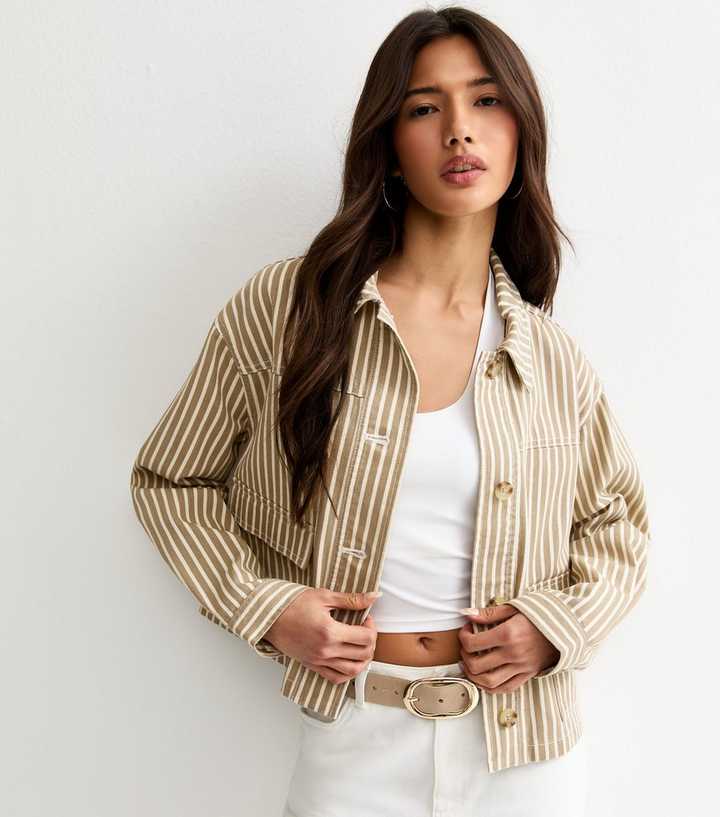 Light Brown Twill Cropped Pinstripe Shacket
