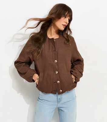 Tall Dark Brown Linen Blend Button Through Bomber Jacket