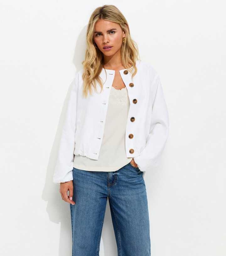 Petite White Linen Blend Button Through Bomber Jacket