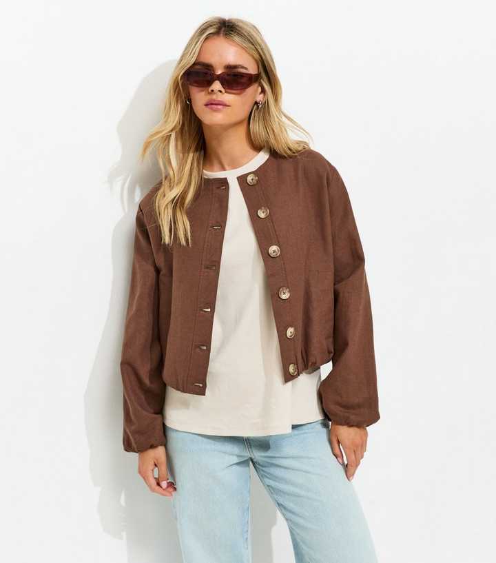 Petite Dark Brown Linen Blend Button Through Bomber Jacket