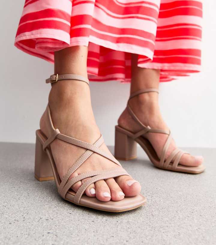 Light Brown Faux Leather Multi Strap Block Heel Sandals