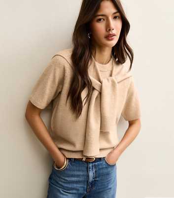 Oatmeal Scarf Tie Short Sleeve Knit Top