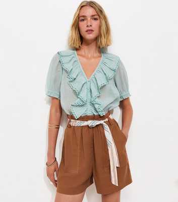 Rust Linen Look Contrast Scarf Shorts