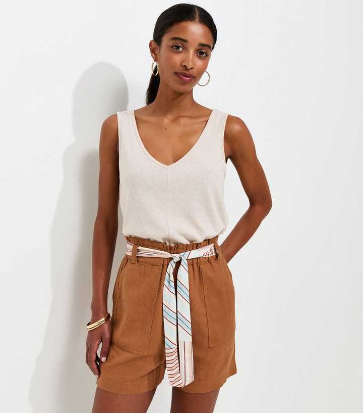 Rust Linen Look Contrast Scarf Shorts