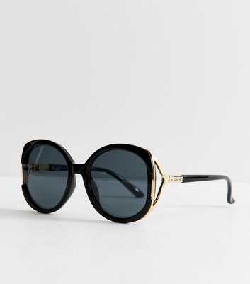Black Oversized Round Diamante Embellished Sunglasses