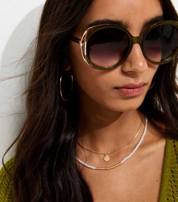 Green Oversized Round Temple Cutout Sunglasses