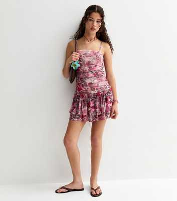 Girls Brown Animal Floral Print Mesh Mini Dress