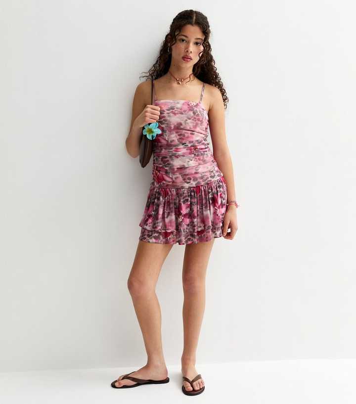 Girls Brown Animal Floral Print Mesh Mini Dress