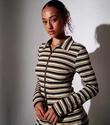 South Beach Black Towelling Stripe Zip Through Top