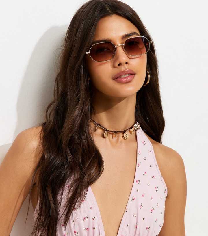 Gold Metal Hexagonal Sunglasses