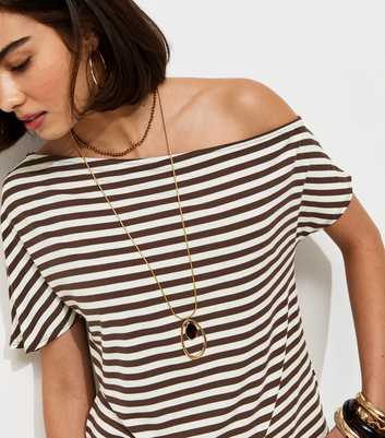 Brown Striped Jersey Off The Shoulder Top