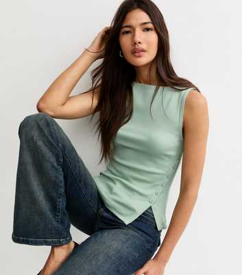 Light Green Asymmetric Hem Button Side Vest Top