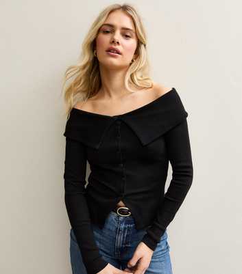 Black Folded Bardot Neck Button Up Top